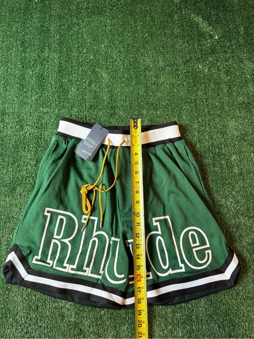 Rhude Green Mesh Athletic Shorts with Yellow Drawcord - Picture 6 of 7
